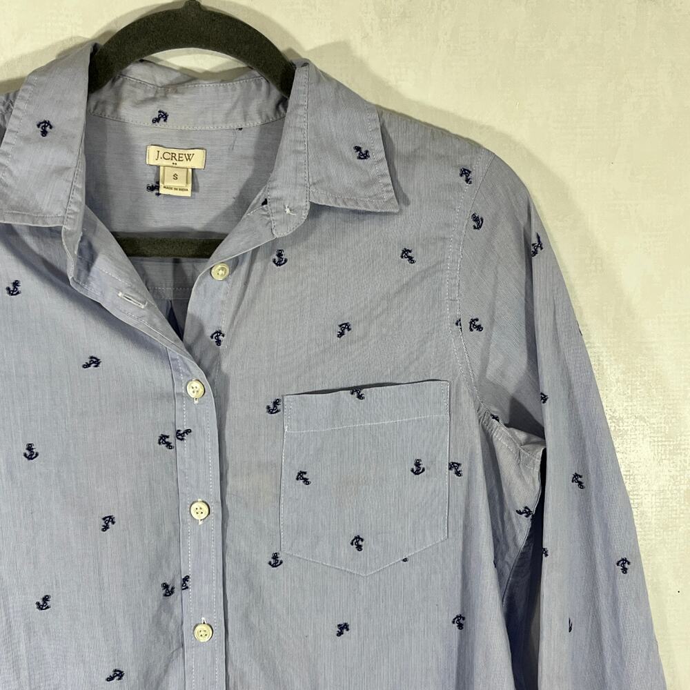 J. Crew Women's Cotton Shirt Light Blue with Navy Anchors Fine Stripe - Picture 3 of 7